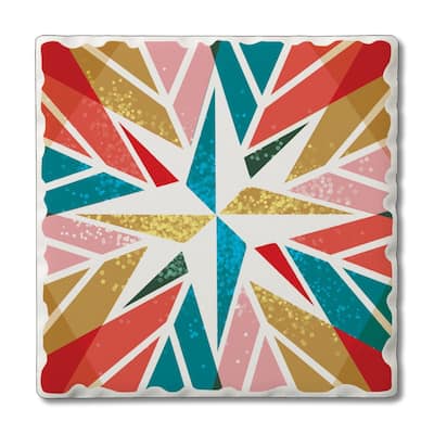 Retro Star 4 Pack Single Absorbent Stone Coaster with Protective Cork Backing Made in The USA 4" Square, Easily Wipes Clean