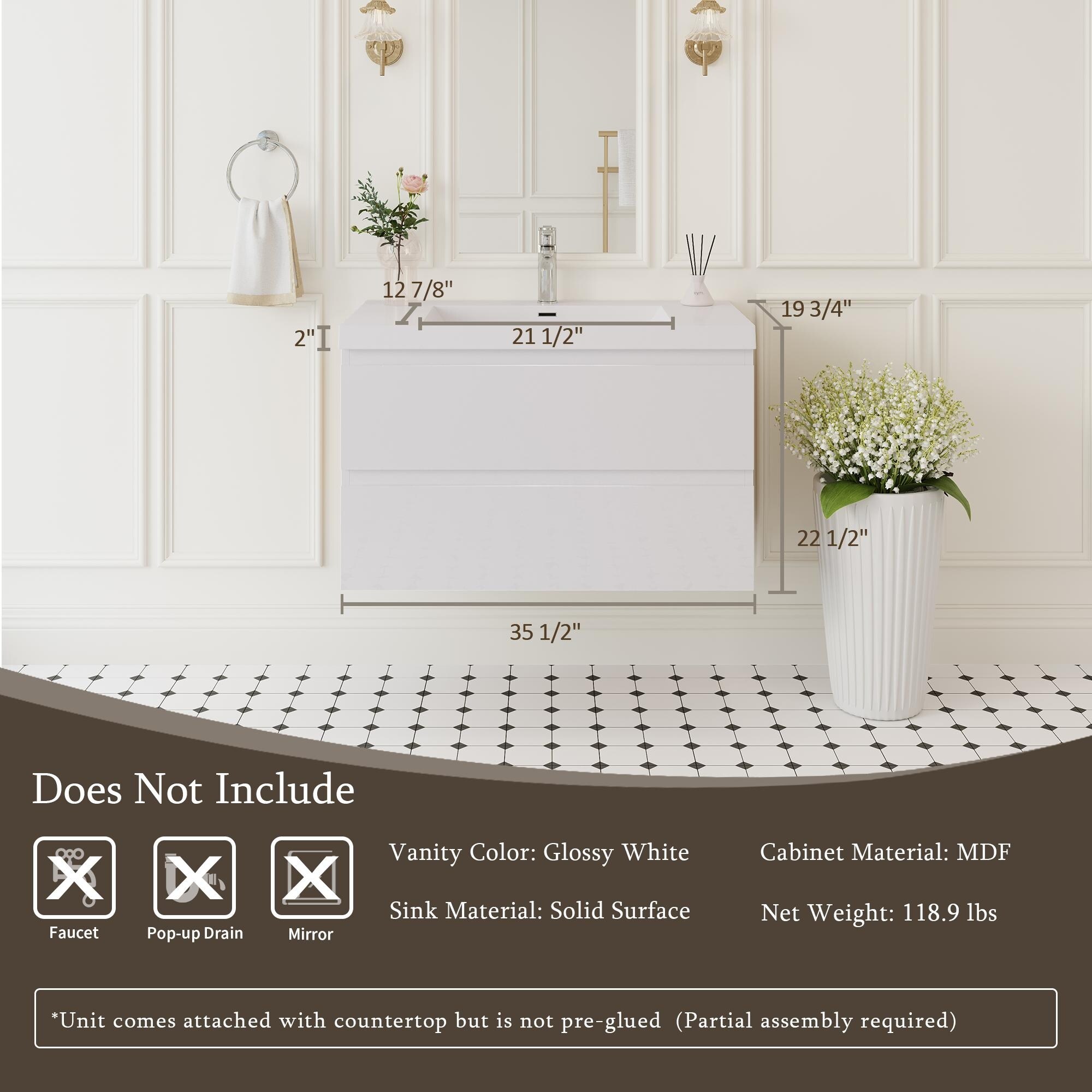 36 Inch Floating Bathroom Vanity With Sink Wall Mounted Storage Cabinet Solid Surface Top