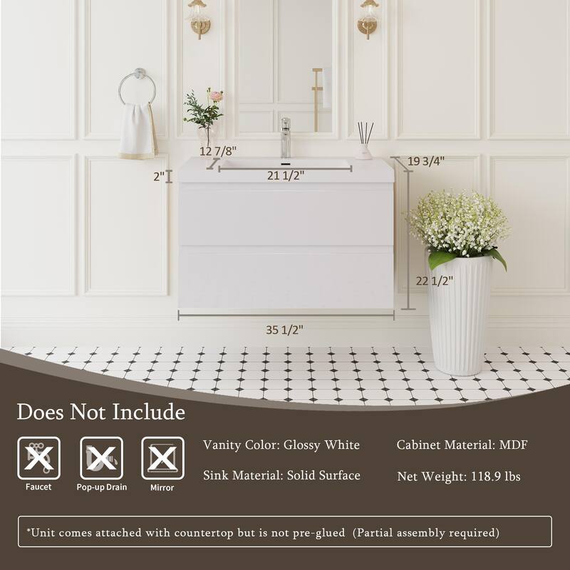42" Wall-Mounted Bathroom Vanity with Glossy White Resin Sink - Modern Floating Bathroom Cabinet with Soft-Close Hinges