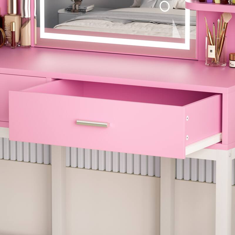 Modern Vanity Desk with LED Mirror, Makeup Table with Storage Drawers and Shelves - N/A