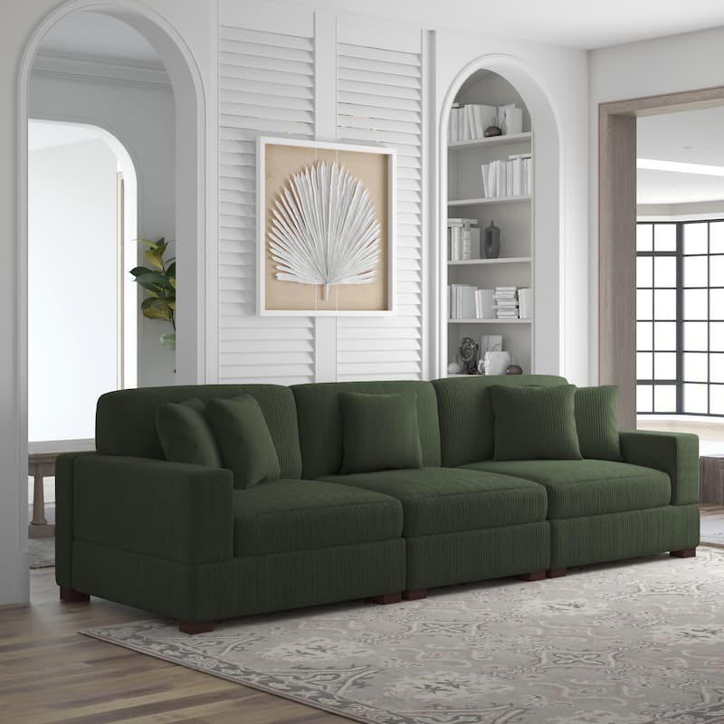 Corduroy Couch Modular Sectional Sofa with Pillows - 3 Piece - Green