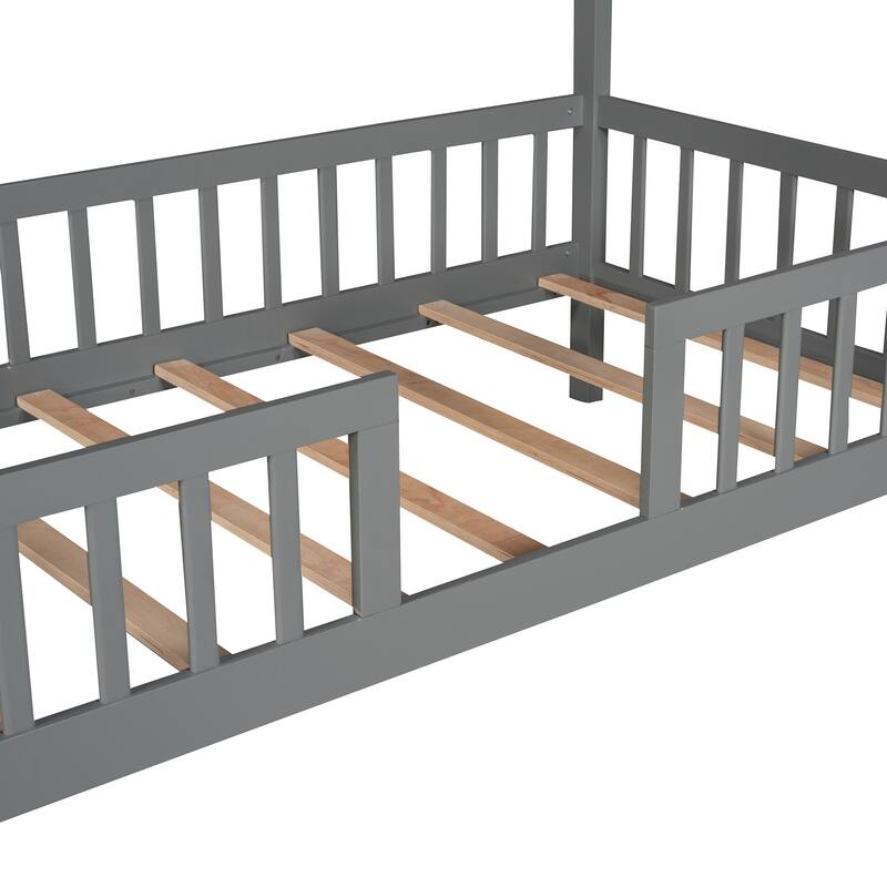 Platform Bed for Kids, Wooden House Shaped Bedframe with Fence & Roof