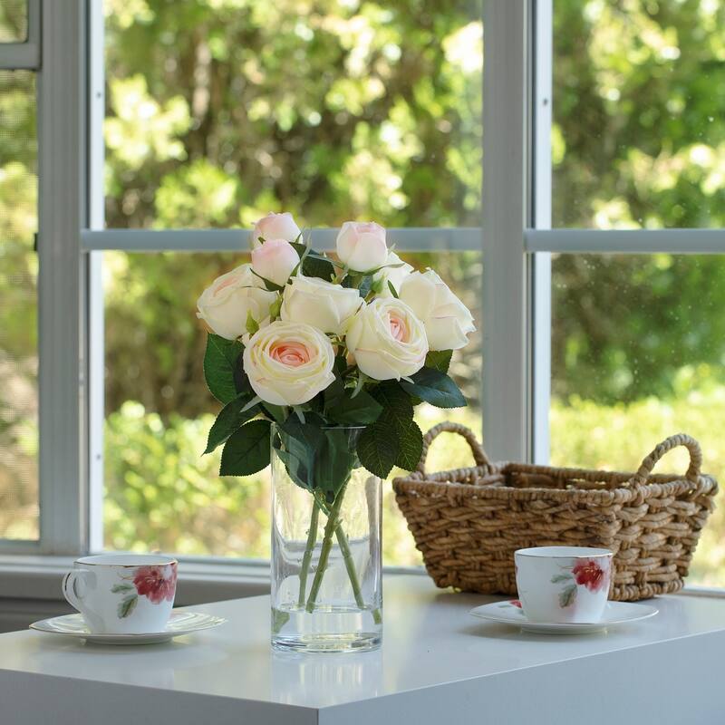 Enova Home Artificial Silk Rose Flowers in Clear Glass Vase with Faux Water for Home Office Wedding Decoration - N/A - Champagne