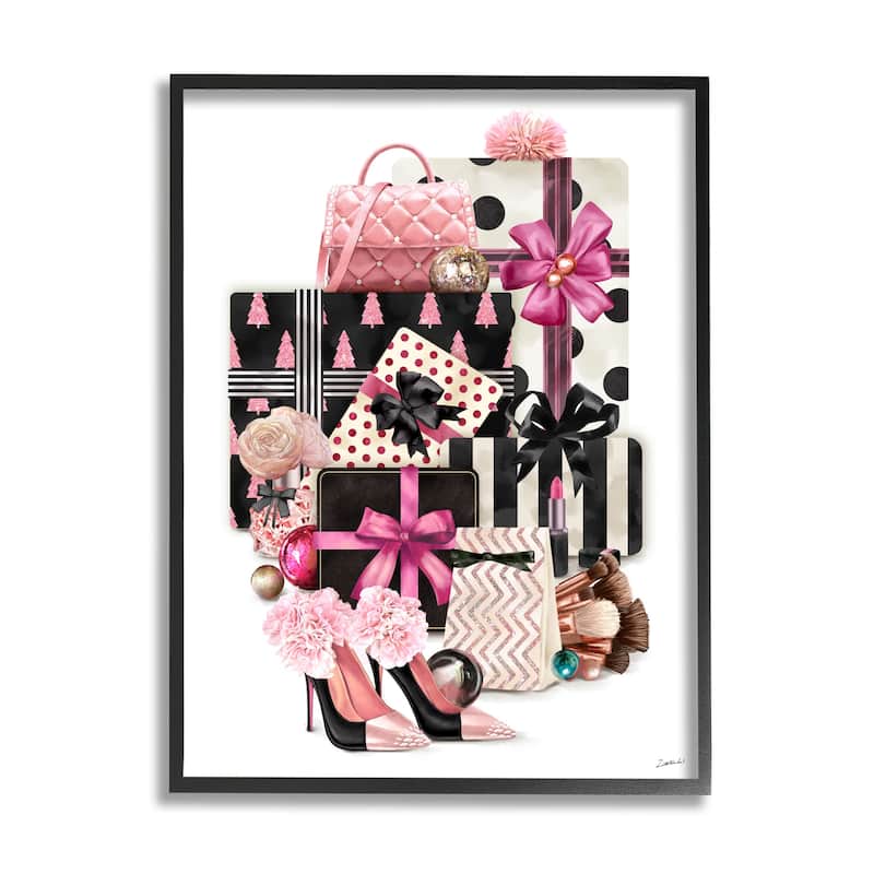 Stupell Fashionista Christmas Gift Stack Glam Style Accessories Framed Wall Art - 16 x 20 - Black