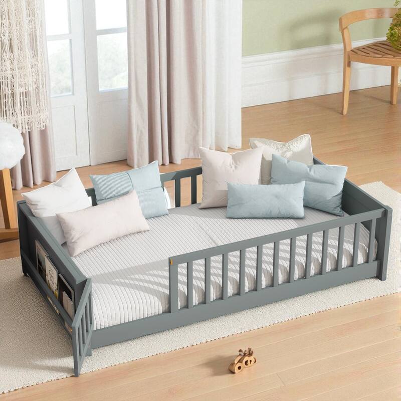 Twin Size Floor Platform Bed with Guardrails, Revolving Door and Built-in Book Rack - Grey - Twin