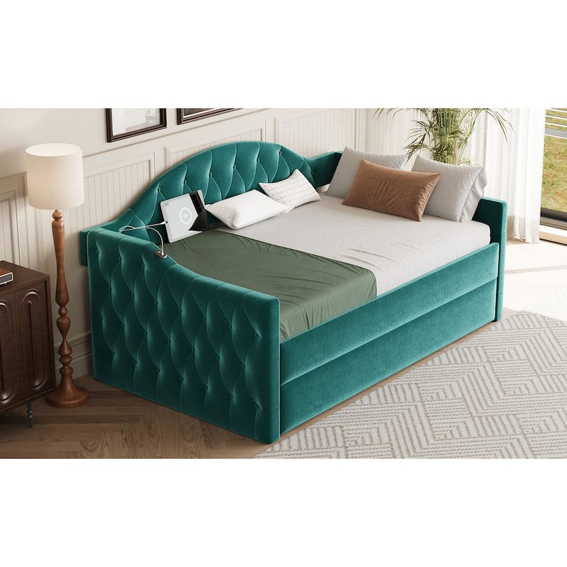 Tufted Upholstered Frame Daybed Velvet Sofa Bed with USB and Type-C Charging Ports, Twin Platform Low Profile Bed with Trundle