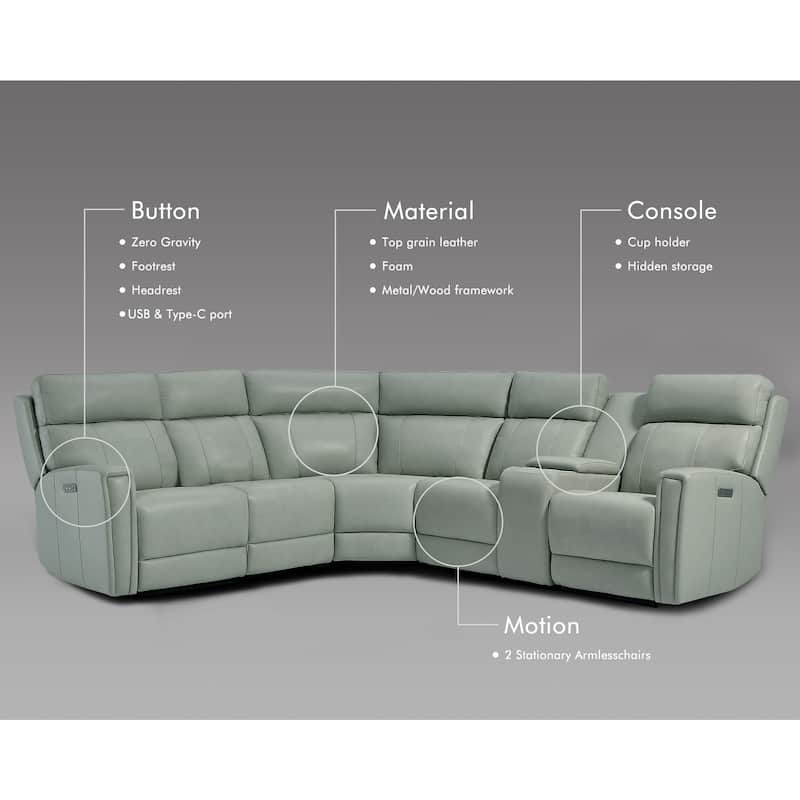 104" W Genuine Leather Power Recliner Sectional Sofa with Zero Gravity, Ajustable Headrest, USB Ports & Console
