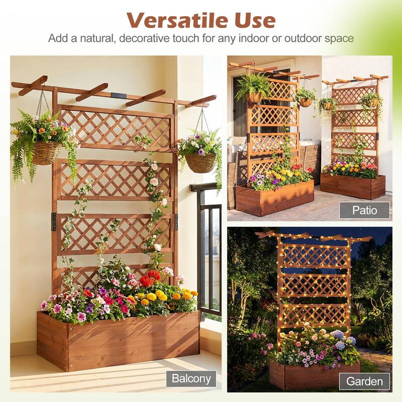 Gymax 2PCS Wooden Planter Box w/Lattice Trellis Flat Roof Drainage for