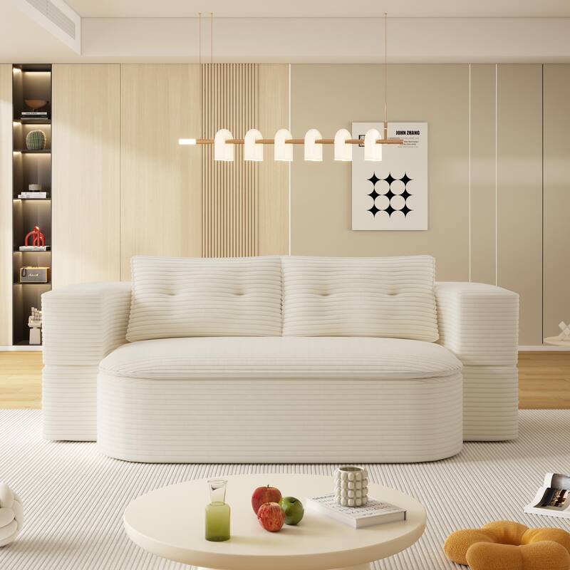 Modern Foldable Sofa with Convertible Blanket and Pillows, Plush Corduroy Fabric Sleeper Sofa Bed for Living Room or Bedroom