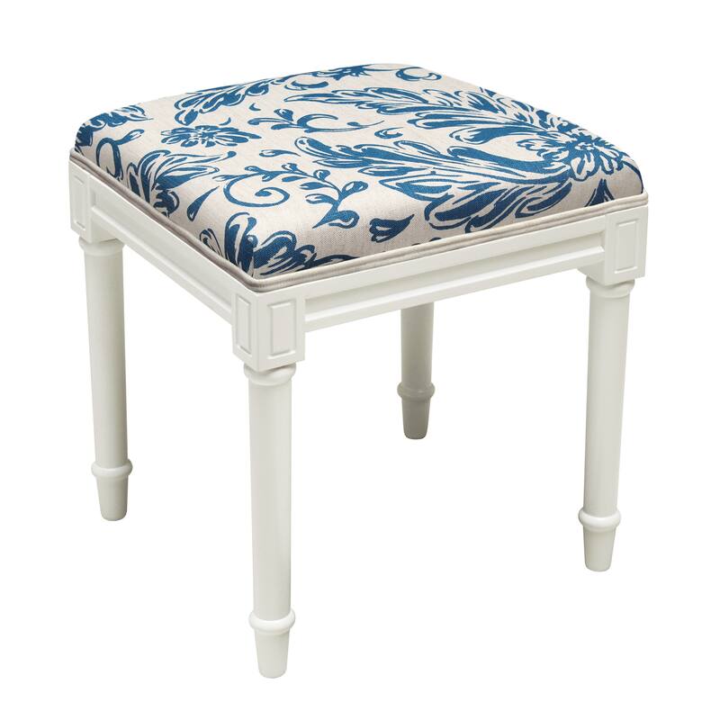 Navy Blue Tuscan Floral Vanity Stool with White Frame