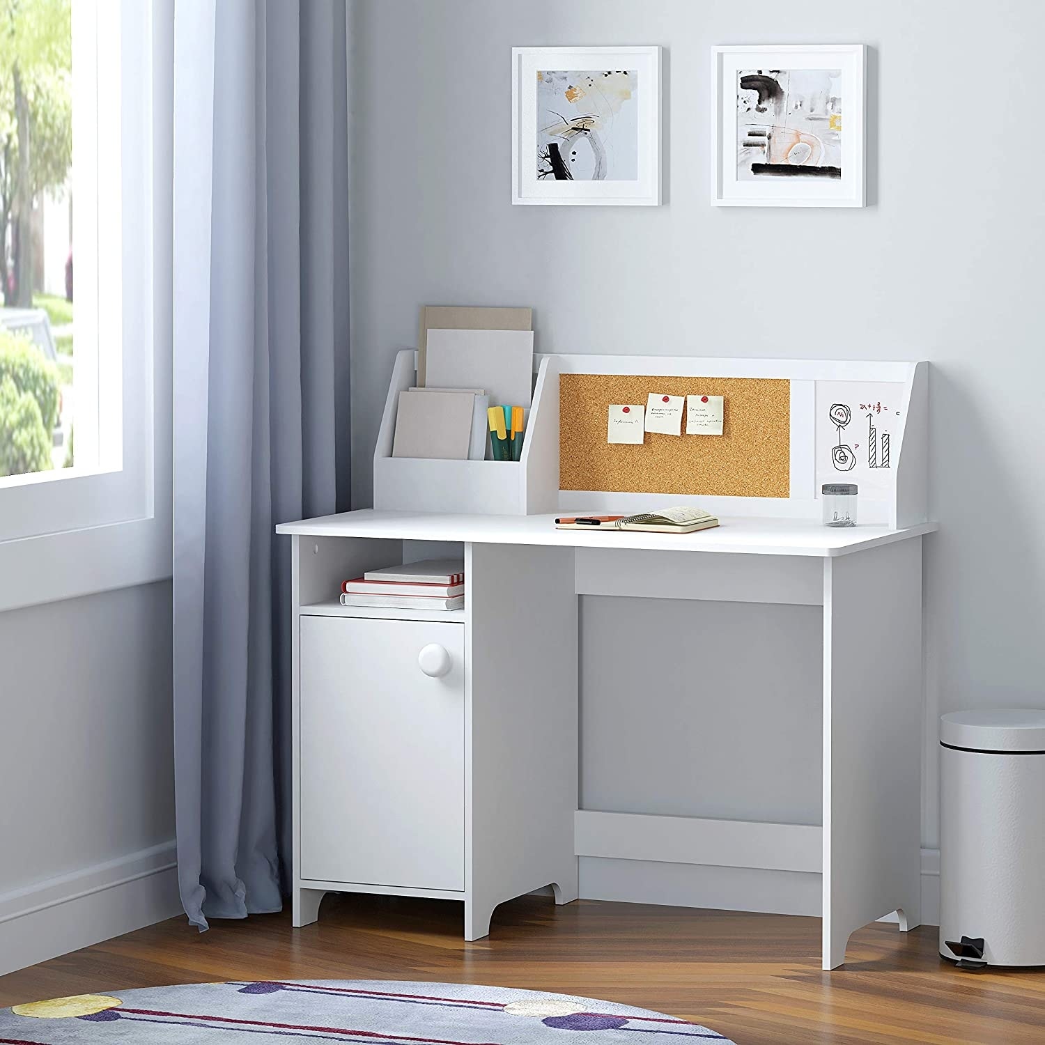 Wooden Kids Study Desk and Chair Set with Storage Cabinet and Bulletin Board-White | Costway
