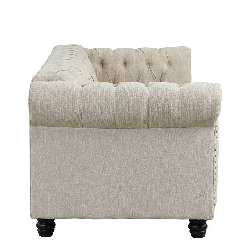 Morden Fort Button Tufted Upholstered Chesterfield Sofa Set Chair and Sofa,2 PCS for Living Room,Linen,Solid Wood Legs
