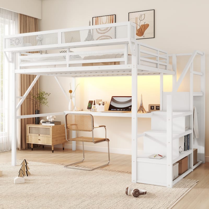 Iron Loft Bed Frame with Desk, Charging Station, Bedside Shelf and Wardrobe, Heavy Duty Metal Loftbed with LED Lights