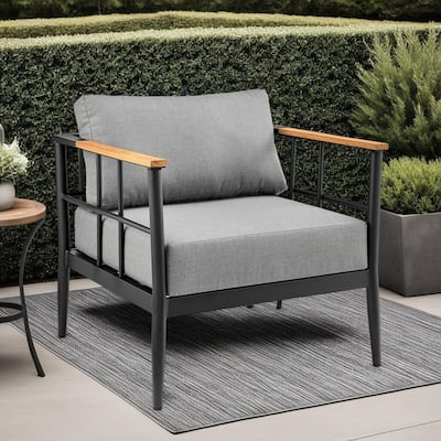 Veyda Black Aluminum and Teak Wood Outdoor Chair with Cushions