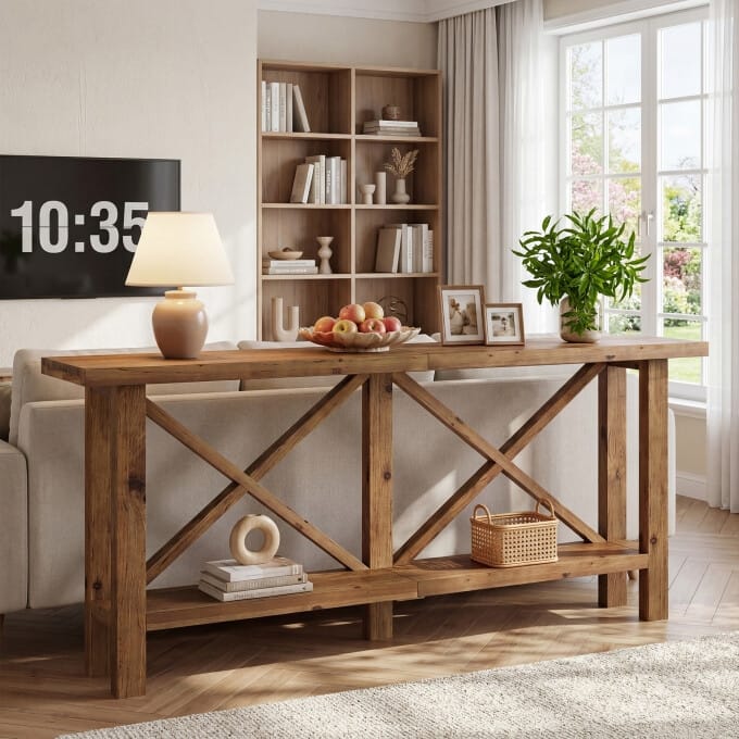 Solid Wood Console Table, Farmhouse Narrow Sofa Table for Living Room - Rustic Brown
