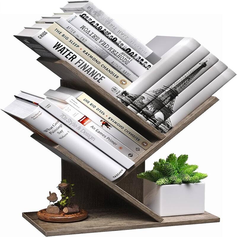 3 Tier Small Tree Bookshelf Desk Book Organizer Narrow Bookcases for Books - 11.6"D x 6"W x 15"H - French Oak Grey