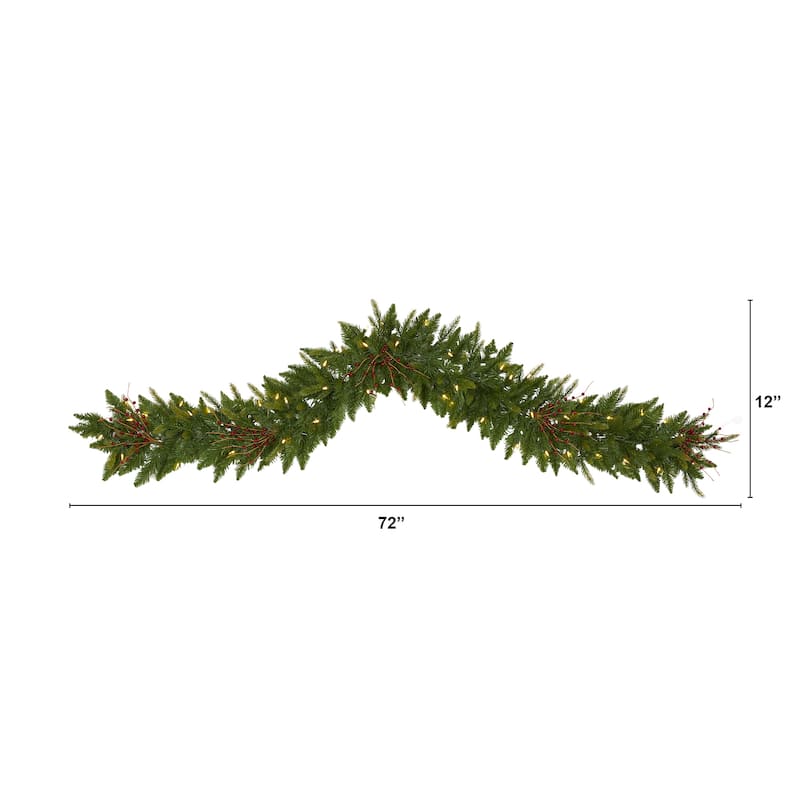 6' Christmas Pine Garland with 50 Warm White LED Lights and Berries