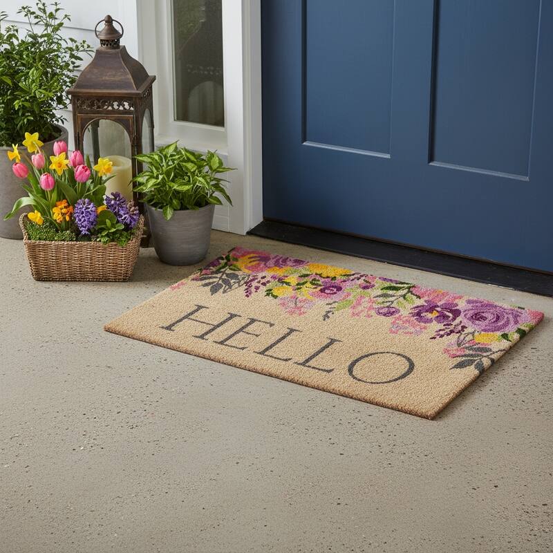 HomeRoots 24" X 36" Brown Gray And Purple Floral Hello Outdoor Coir Door Mat - 24.00' X '36.00 - 24.00' X '36.00