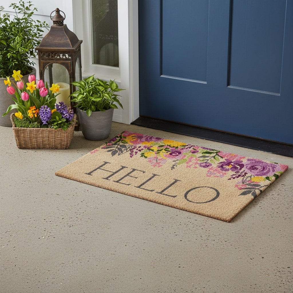 HomeRoots 24" X 36" Brown Gray And Purple Floral Hello Outdoor Coir Door Mat - 24.00' X '36.00