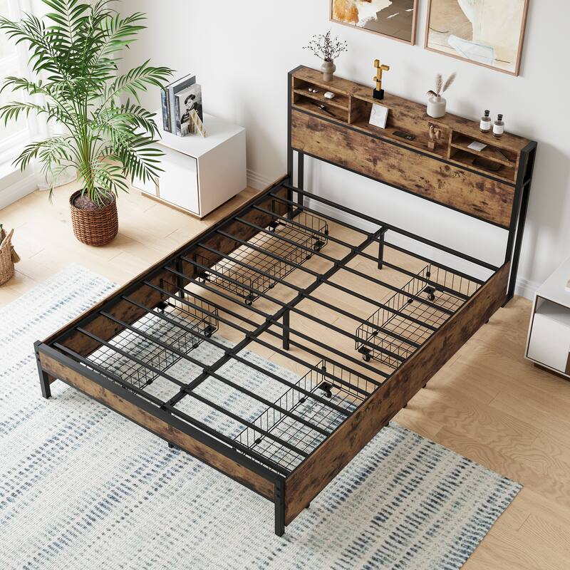 Queen Size Metal Platform Bed with Storage Drawers, Wooden Headboard, and Charging Station, Easy Assembly, Brown