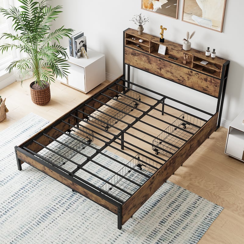 Queen Size Wood Bed with 4 Drawers, Metal Storage Platform Bed Frame with Headboard and Charging Station, No Box Spring Needed