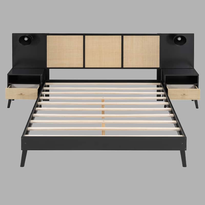 Queen Bed Frame with 2 Nightstands, Elegant Solid Wood Platform Bed with Lamps and Rattan Accents - Black - Queen