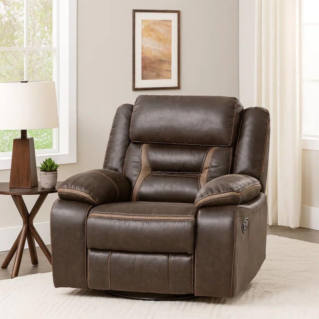 Jake 41 Inch Gliding Manual Recliner, Pillowtop, Dark Brown Faux Leather
