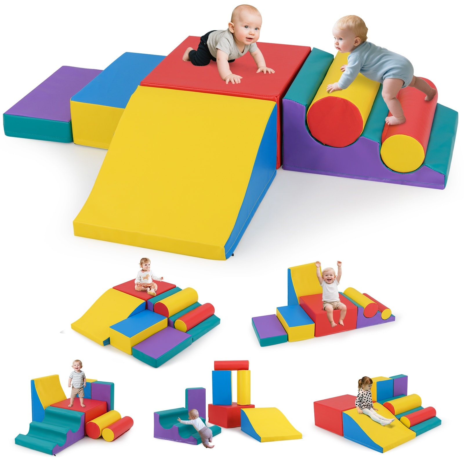 Gymax 7 PCS Toddler Climbing Blocks w/Hook & Loop Fasteners & Gift for - Multi