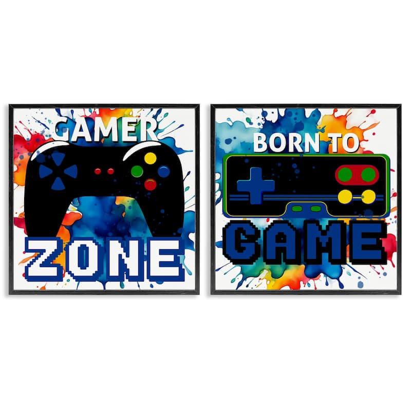 Stupell Gamer Zone on Splash Framed Giclee Art Design By Kim Allen (Set of 2) - 17 x 17 - Black