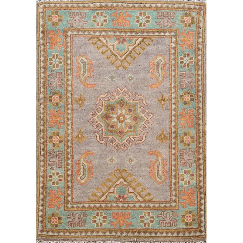 Traditional Kazak Oriental Rug Hand-Knotted Grey Wool Carpet - 2'0"x 3'0"