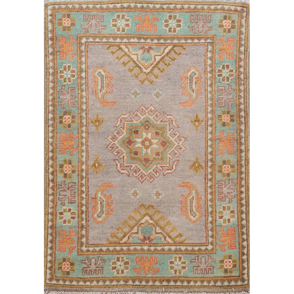 Traditional Kazak Oriental Rug Hand-Knotted Grey Wool Carpet - 2'0"x 3'0"