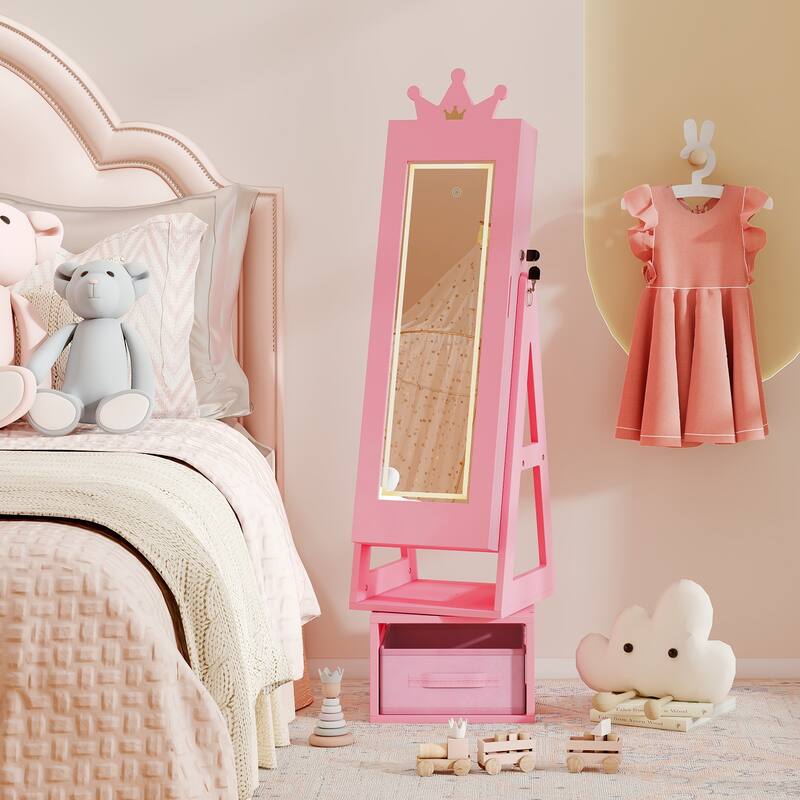Gymax 3 In 1 Kids Jewelry Cabinet w/3-Color Lighted Full Length Mirror