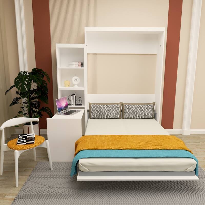 Queen Size Morden Deisgn Big Size Vertical Murphy bed with table and shelf for bedroom or Guestroom White Wall bed