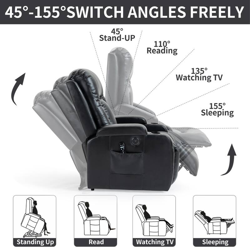 Black Power Lift Recliner with Massage, Lumbar Heat, USB, and Cup Holders