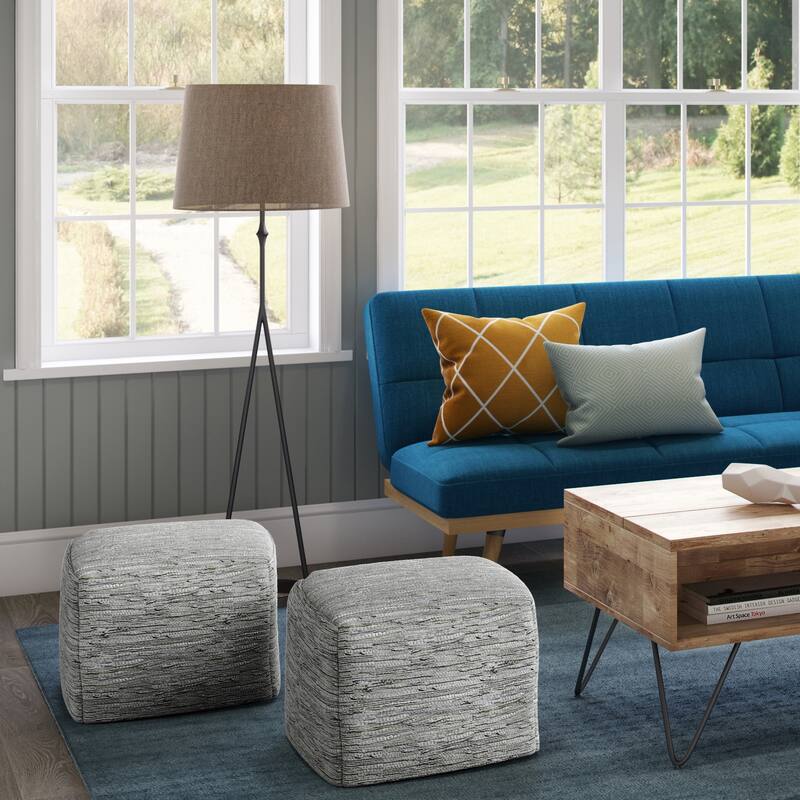 WYNDENHALL Garcia Boho Square Pouf in Woven Genuine Leather - Cream