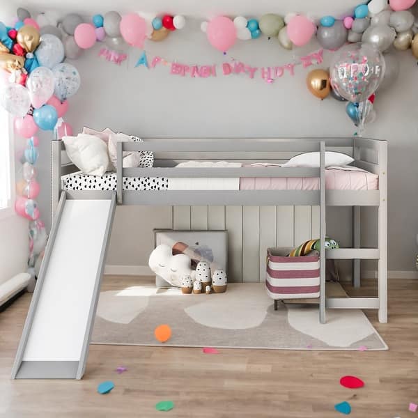 slide 2 of 27, Twin Size Multifunctional Design Loft Bed with Slide and Solid Wood For Bedroom,Dorm,Kids Grey