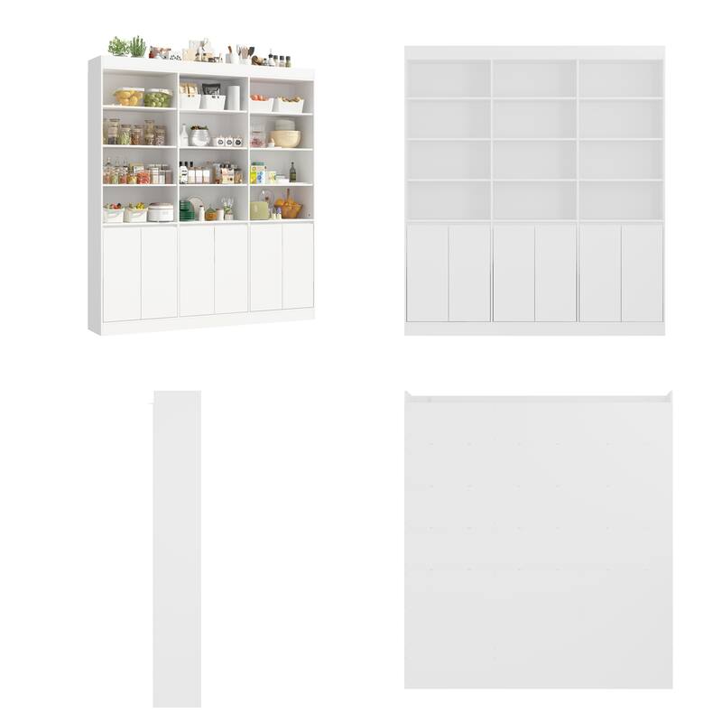 Pantry Large White Storage Cabinet 5-Door Bottom Cabinets & Open Display Shelving for Kitchen or Living Room