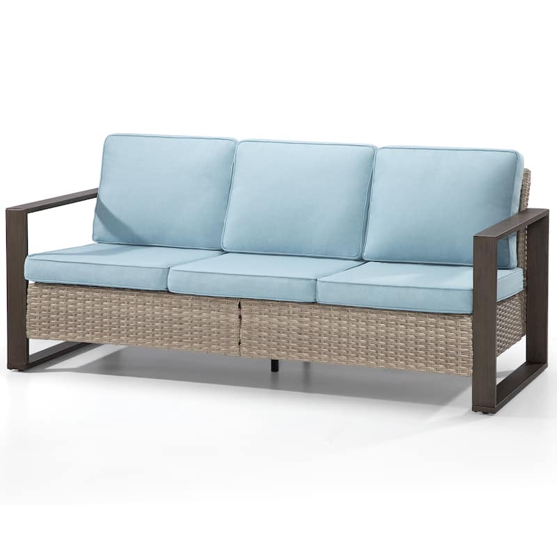 Cozywor Wicker Outdoor Patio Sofa Steel Frame with Beige Cushions