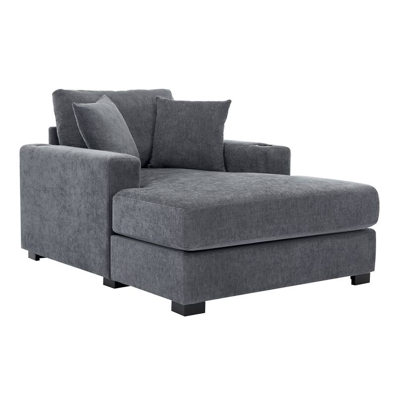 Modern Style Chaise Lounger Sofa Couch ,with Pillows, Charge Station & Cup Holders