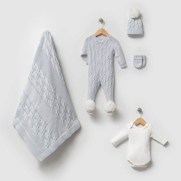 slide 1 of 1, Newborn Baby Boy Knit Ensemble with Pom-Pom Details Blue