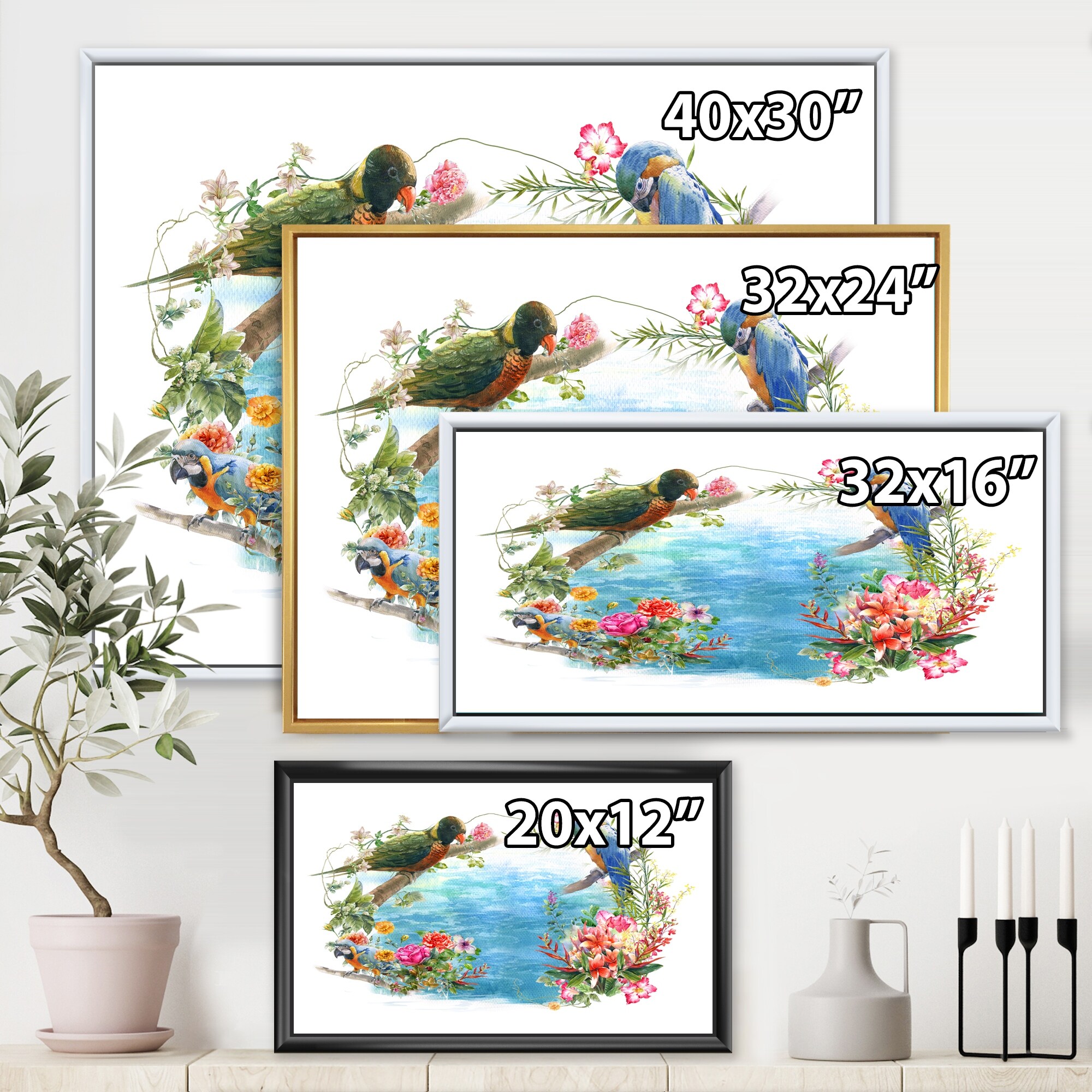 Designart 'Birds and Flowers By The Blue Waterside' Traditional Framed  Canvas Wall Art Print
