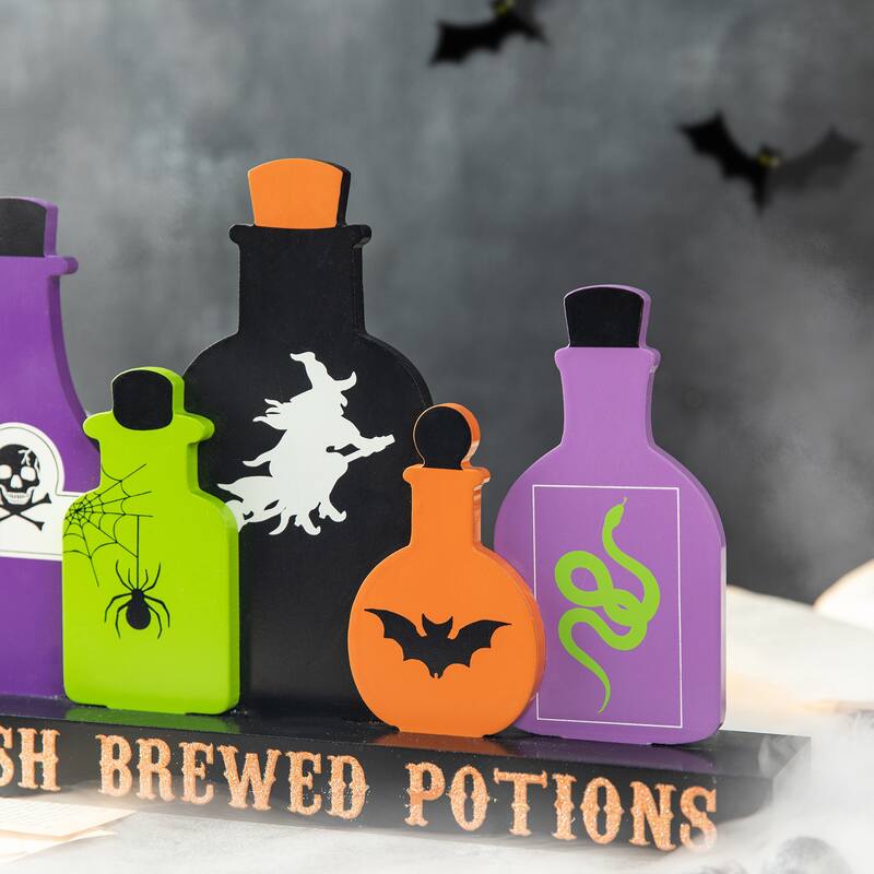 Glitzhome 14"L Halloween Wooden Poison Bottles Table Decor - Potions
