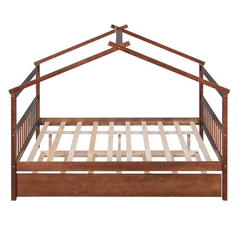 Full Size Wooden House Bed with Twin Size Trundle