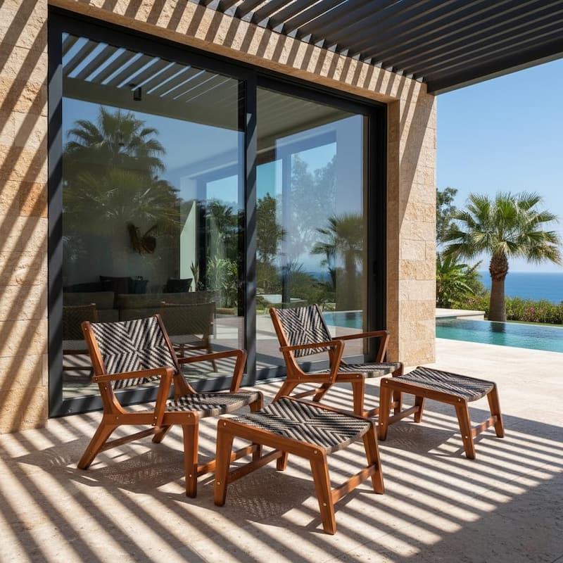 M4H Sevilla Solid Wood Patio Lounge Chair Set - Herringbone Weave - Brown