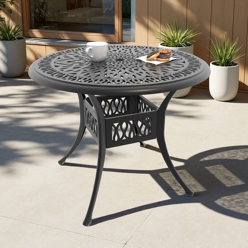 35.43-inch Outdoor Patio Round Cast Aluminum Dining Table with Umbrella Hole for 4 Person