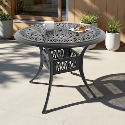 35.43-inch Outdoor Patio Round Cast Aluminum Dining Table with Umbrella Hole for 4 Person