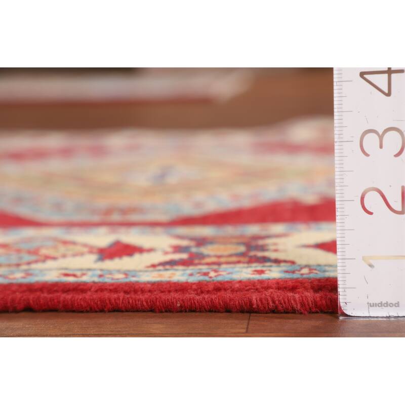 Red Geometric Kazak Oriental Accent Rug Handmade Wool Carpet - 2'8" x 3'11"