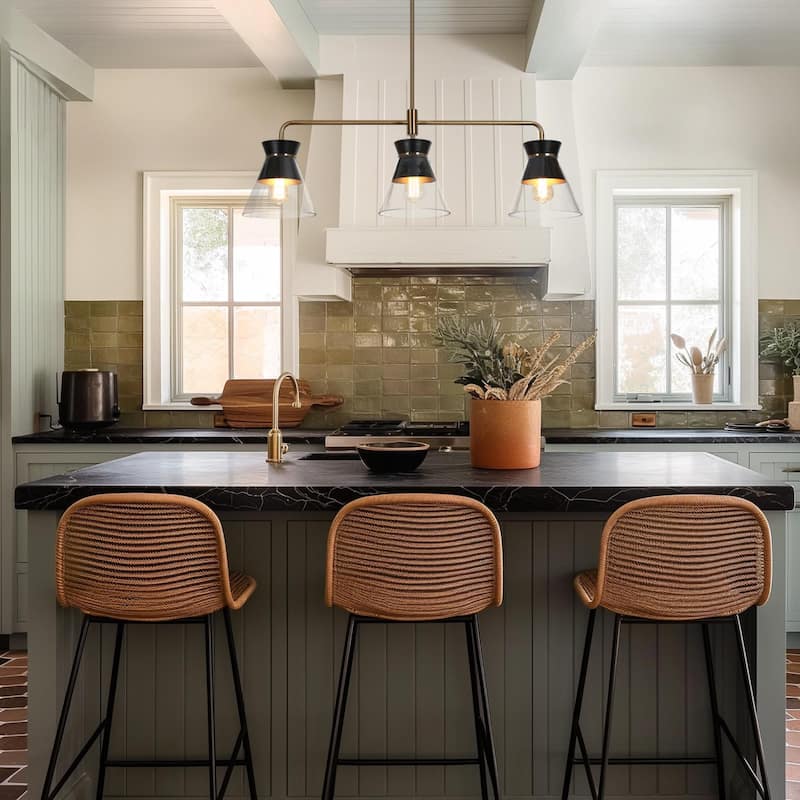 Modern 3-Light Black Gold Chandelier Kitchen Island Linear Bowl-Shaped Glass Pendant Lights for Dining Room - 40 x 8.5 x 13.2