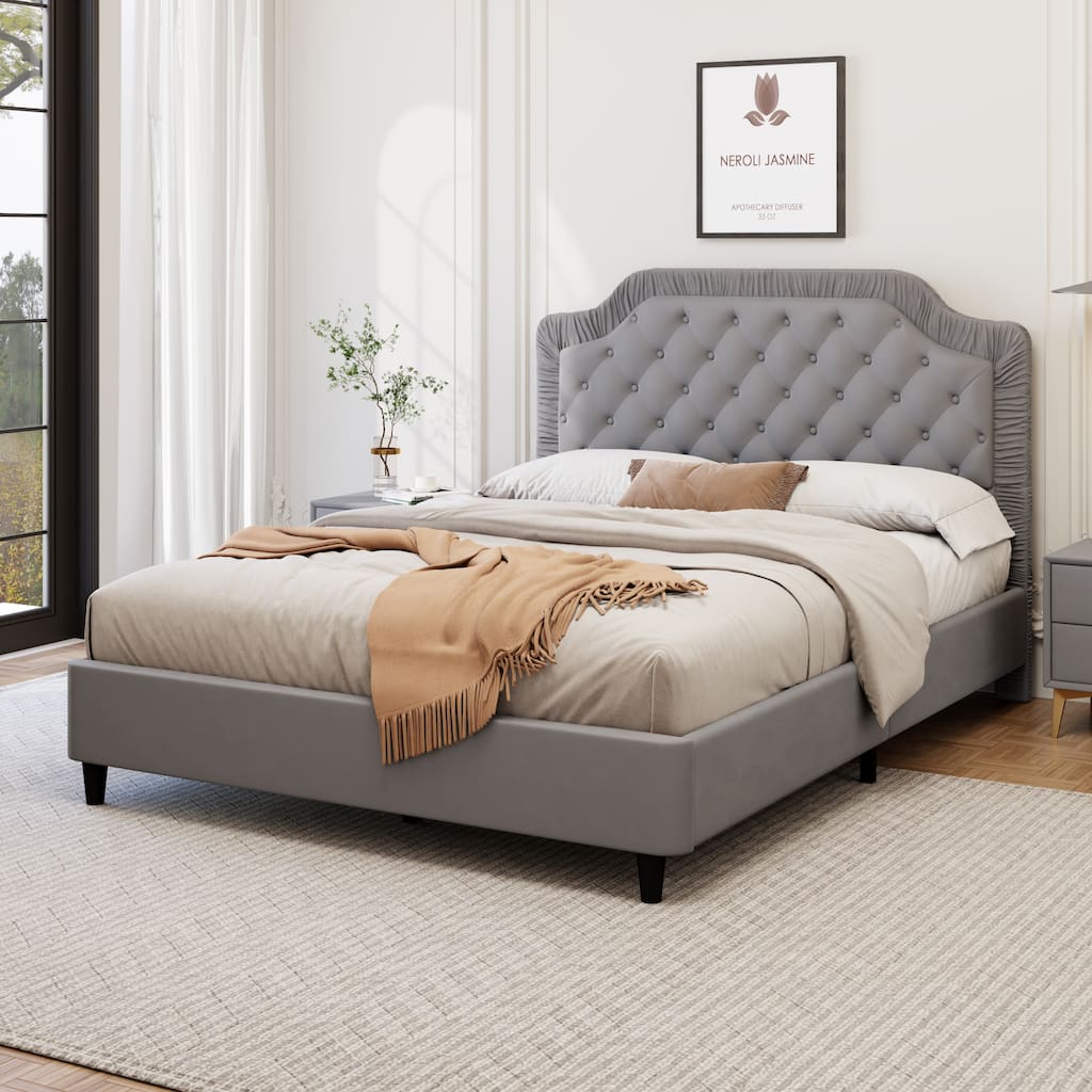 Queen Size Upholstered Bed with Ruched and Button Tufted Headboard, No Box Spring Needed,Velvet, Gray