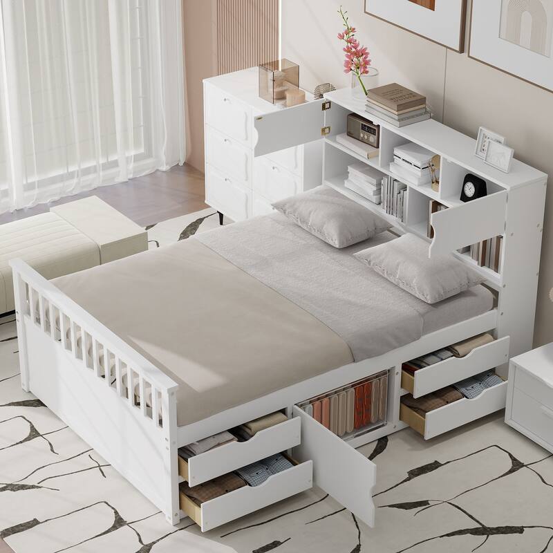 Full Size Captain Platform Bed Frame with Storage Bookcases and Shelves, Four Drawers,White